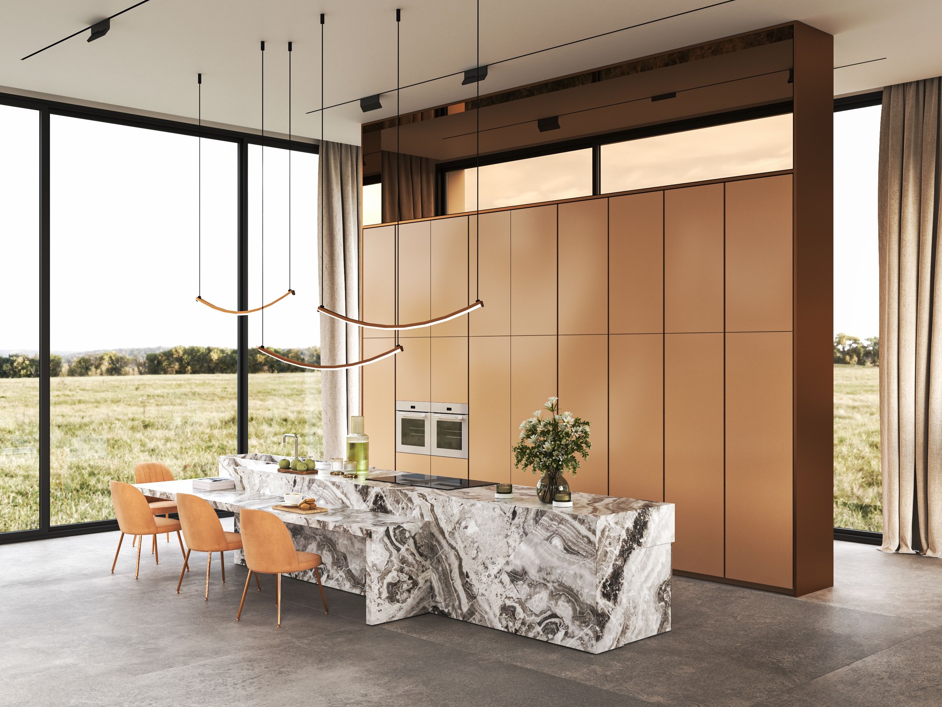 Modern kitchen features an elegant marble island and offers scenic views that captivate, 3d rendering